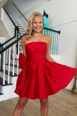 Red A Line Strapless Short Satin Homecoming Dress With Bow-knot
