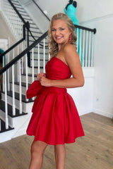 Red A Line Strapless Short Satin Homecoming Dress With Bow-knot