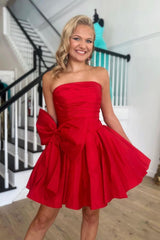 Red A Line Strapless Short Satin Homecoming Dress With Bow-knot