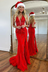 Red Mermaid Deep V-Neck Long Lace Prom Dress With Split