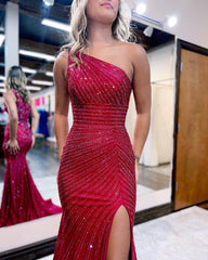 Red Mermaid One Shoulder Prom Dress With Split