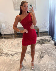 Red One Shoulder Cutout Waist Short Glitter Homecoming Dress