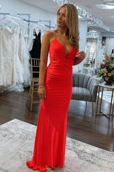 Red Satin Mermaid Spaghetti Straps Lace Up Long Prom Dress