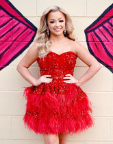Red Sequin Strapless Short Homecoming Dress With Feather