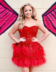 Red Sequin Strapless Short Homecoming Dress With Feather