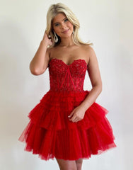 Red Sweetheart A-Line Short Tulle Homecoming Dress