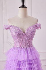 Romantic Purple A-Line Off The Shoulder Lace Top Long Tulle Prom Dress