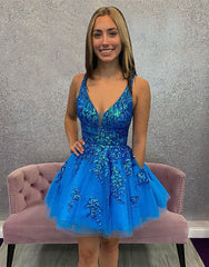 Royal Blue A-Line Short Homecoming Dress With Appliques