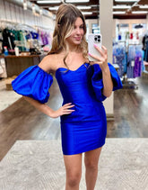 Royal Blue Bodycon Homecoming Dress with Puff Sleeves