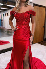 Mermaid Off The Shoulder Sweep Train Long Satin Prom Dress With Slit