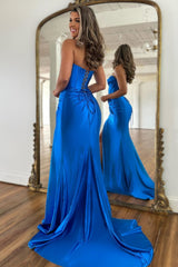 Satin Royal Blue Mermaid Strapless Lace Up Long Prom Dress With Split
