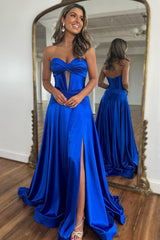 Royal Blue Satin A-Line Strapless Long Prom Dress With Split