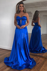 Royal Blue Satin A-Line Strapless Long Prom Dress With Split