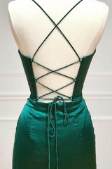 Satin Mermaid Spaghetti Straps Lace Up Dark Green Long Prom Dress With Split