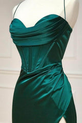 Satin Mermaid Spaghetti Straps Lace Up Dark Green Long Prom Dress With Split