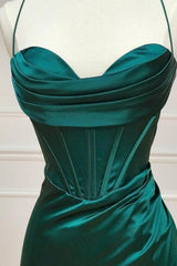 Satin Mermaid Spaghetti Straps Lace Up Dark Green Long Prom Dress With Split