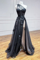 Sexy Black A-Line One Shoulder Long Prom Dress With Appliques