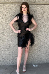 Sexy Black V-Neck Short Glitter Homecoming Dress With Feather