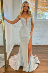 Sexy Silver Mermaid Off The Shoulder Long Beaded Prom Dress With Split