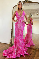 Sparkly Sequin Mermaid V-Neck Open Back Long Prom Dress