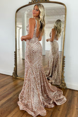 Sparkly Sequin Mermaid V-Neck Open Back Long Prom Dress