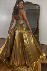 Shiny Gold A-Line Keyhole Back Long Prom Dress With Beaded Belt
