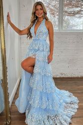 Sparkly Light Blue A-Line Halter Backless Long Tiered Prom Dress With Slit
