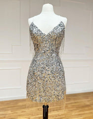 Silver V-Neck Glitter Sequin Homecoming Dress With Fringe
