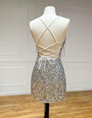 Silver V-Neck Glitter Sequin Homecoming Dress With Fringe