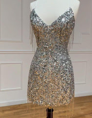 Silver V-Neck Glitter Sequin Homecoming Dress With Fringe