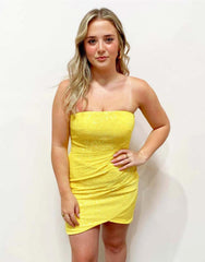 Simple Yellow Strapless Zipper Back Homecoming Dress