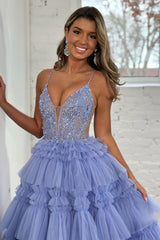 Lavender A Line Spaghetti Straps Lace Up Long Ruffle Tulle Prom Dress with Beading