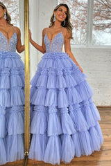 Lavender A Line Spaghetti Straps Lace Up Long Ruffle Tulle Prom Dress with Beading
