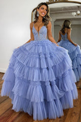 Lavender A Line Spaghetti Straps Lace Up Long Ruffle Tulle Prom Dress with Beading