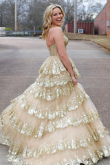 Sparkly Navy One Shoulder A-Line Sweep Train Tiered Prom Dress with Split