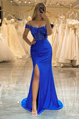 Sparkly Royal Blue Off The Shoulder Mermaid Long Prom Dress With Sequin