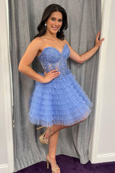Stunning A-Line Sweetheart Lace Up Short Tiered Tulle Homecoming Dress