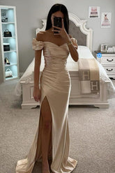 Stunning Champagne Mermaid Off The Shoulder Long Satin Prom Dress With Slit