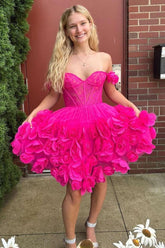 Stunning Hot Pink A-Line Off The Shoulder Short Tulle Homecoming Dress With 3D Flowers