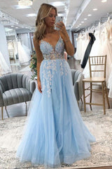 Stunning Light Blue A-Line Spaghetti Straps Long Tulle Prom Dress With Appliques