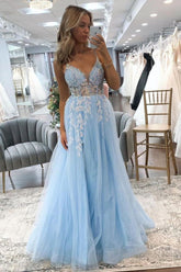 Stunning Light Blue A-Line Spaghetti Straps Long Tulle Prom Dress With Appliques