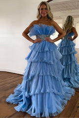 Newly Blue A Line Strapless Long Tiered Prom Dress With Beaded Belt