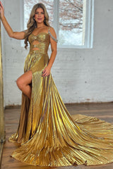 Stylish Gold A-Line Beaded Off The Shoulder Long Prom Dress With Split