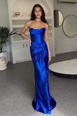 Stylish Mermaid Strapless Lace Up Long Satin Prom Dress With Split