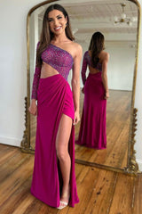 Stylish One Shoulder Long Sleeves Cutout Waist Beaded Prom Dress With Split