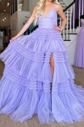Gorgeous A Line Spaghetti Straps Lilac Long Prom Dress with Ruffles