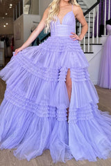 Gorgeous A Line Spaghetti Straps Lilac Long Prom Dress with Ruffles