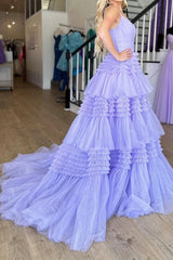 Gorgeous A Line Spaghetti Straps Lilac Long Prom Dress with Ruffles