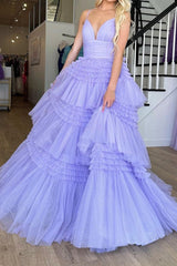 Gorgeous A Line Spaghetti Straps Lilac Long Prom Dress with Ruffles