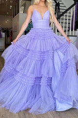Gorgeous A Line Spaghetti Straps Lilac Long Prom Dress with Ruffles